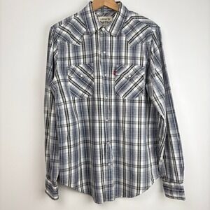 Levis Mens Two Horse Brand Pearl Snap Button Up Thrashed Shirt Size M Blue Plaid